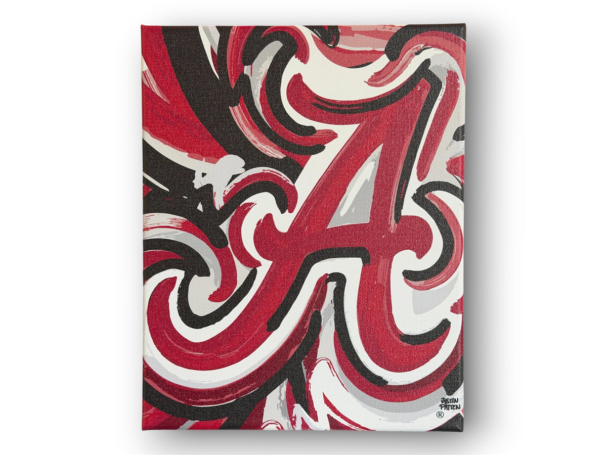 Square rolled canvas print with crimson, black, and white swirl graphic wall art