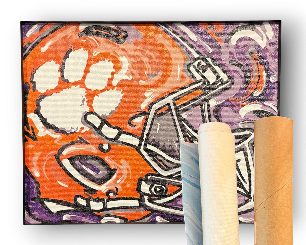 Rolled canvas football helmet print shown on rolled canvas tubes