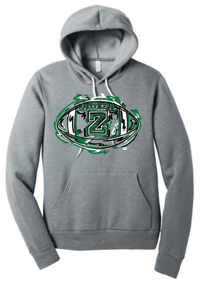 Youth football hoodie, gray, kangaroo pocket, front Z1 logo graphic with green trim