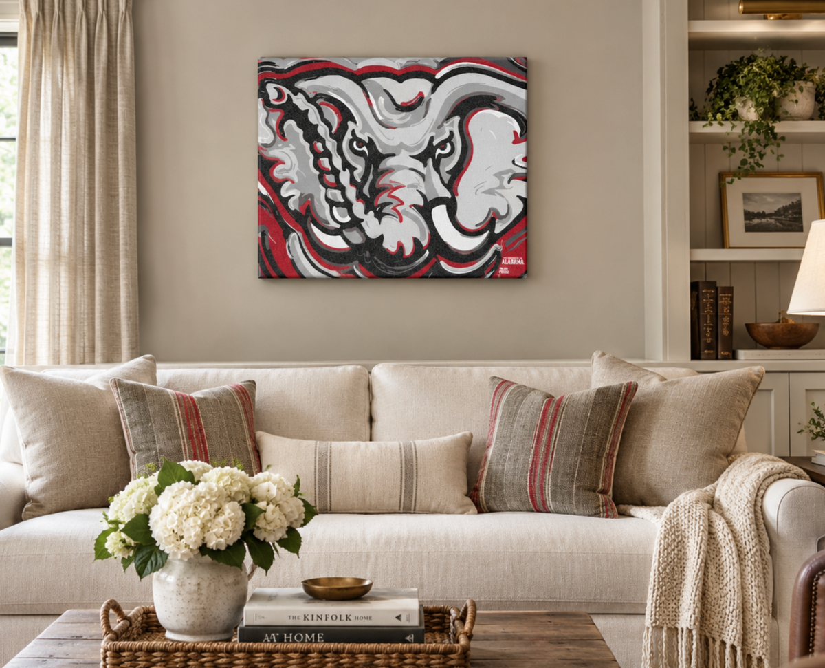 Wall-hung wrapped canvas print with red, black, and white bulldog graphic