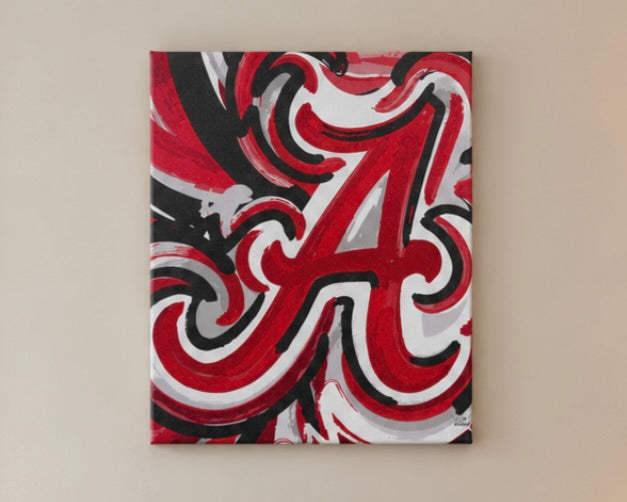 16x20 wrapped canvas print with bold Alabama A letter in crimson, black, and white.