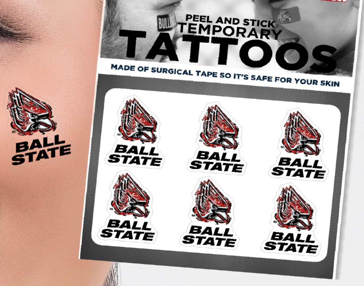 Ball State University temporary body tattoo sticker sheet with six cardinal logos and a sample on skin