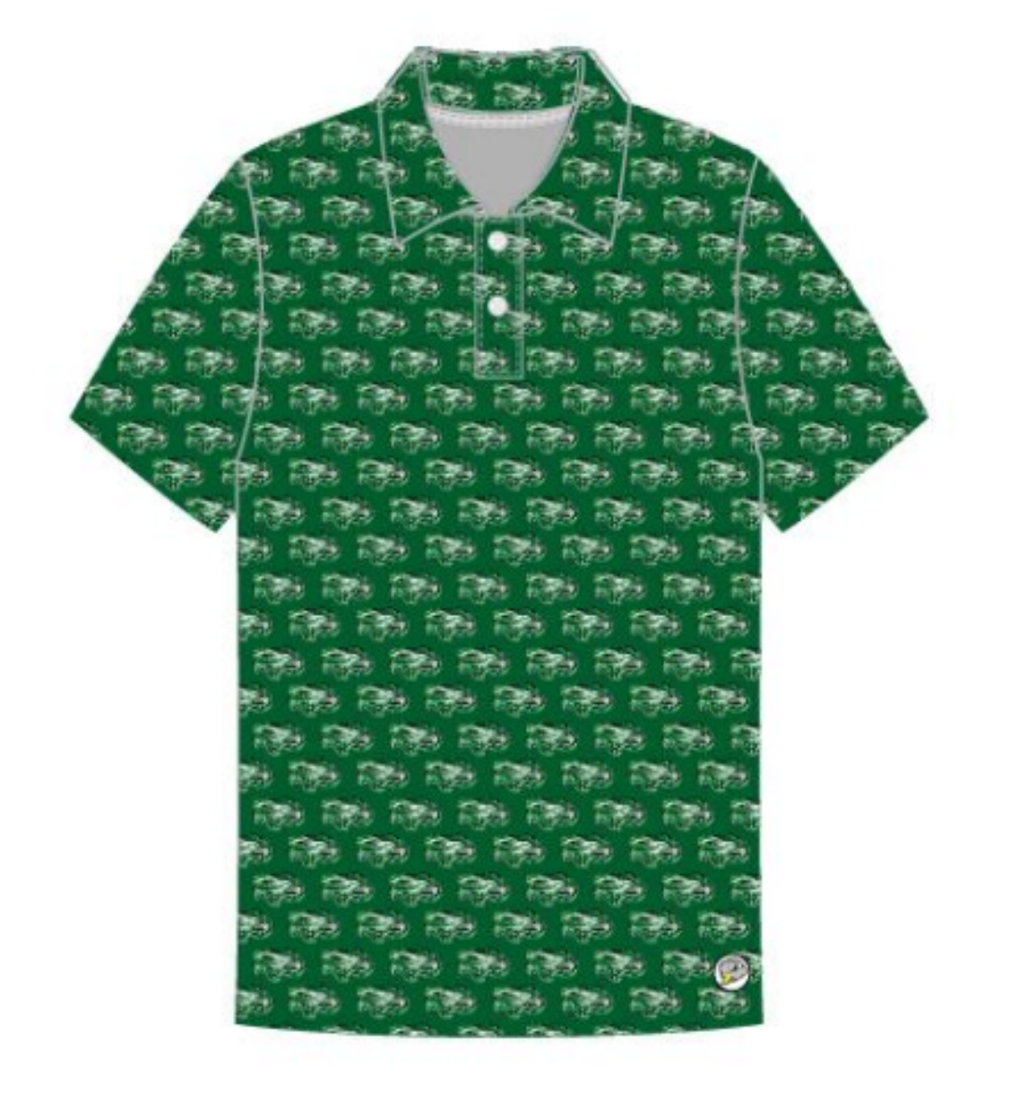 Green short-sleeve polo with a repeating eagle print, white buttons, and a small hem emblem