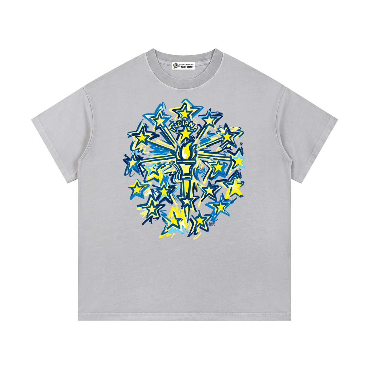 Vintage wash cotton T-shirt, light gray, front Indiana flag starburst graphic.