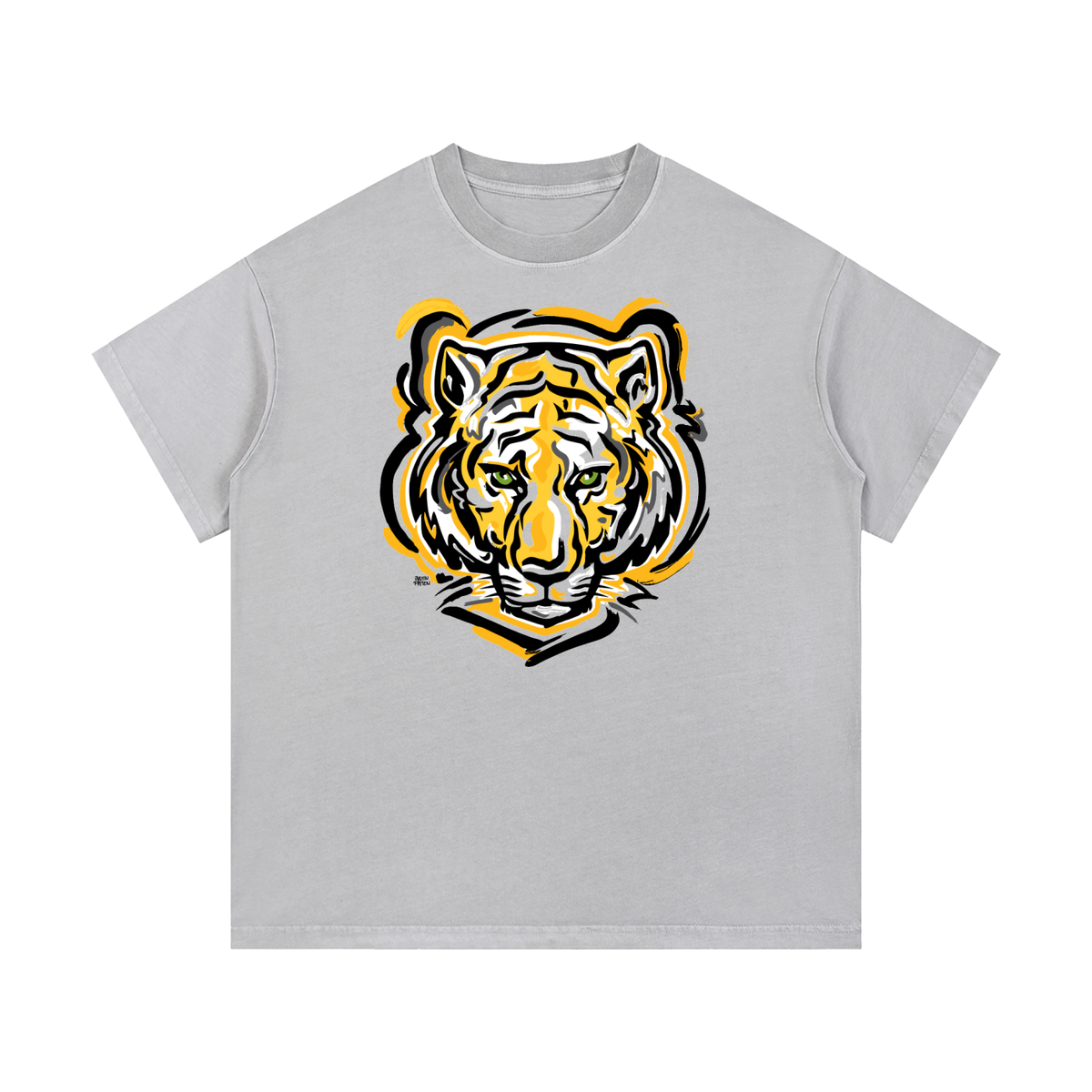 Light gray cotton T-shirt with front tiger head graphic and crew neckline