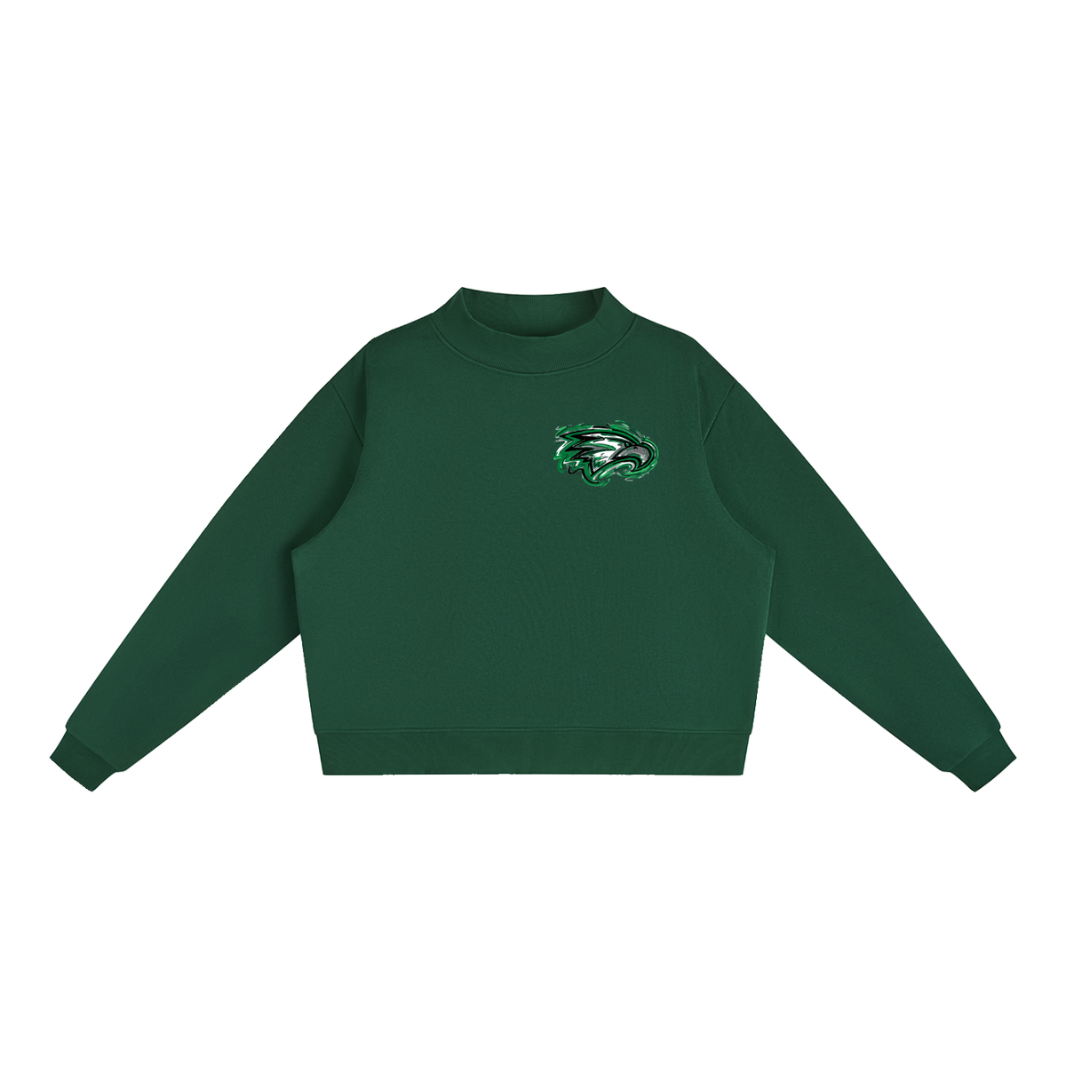 Women's fleece mock-neck crew sweatshirt in dark green, front logo patch