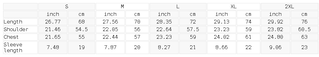 T-shirt size chart with measurements for S through 2XL, including length and chest