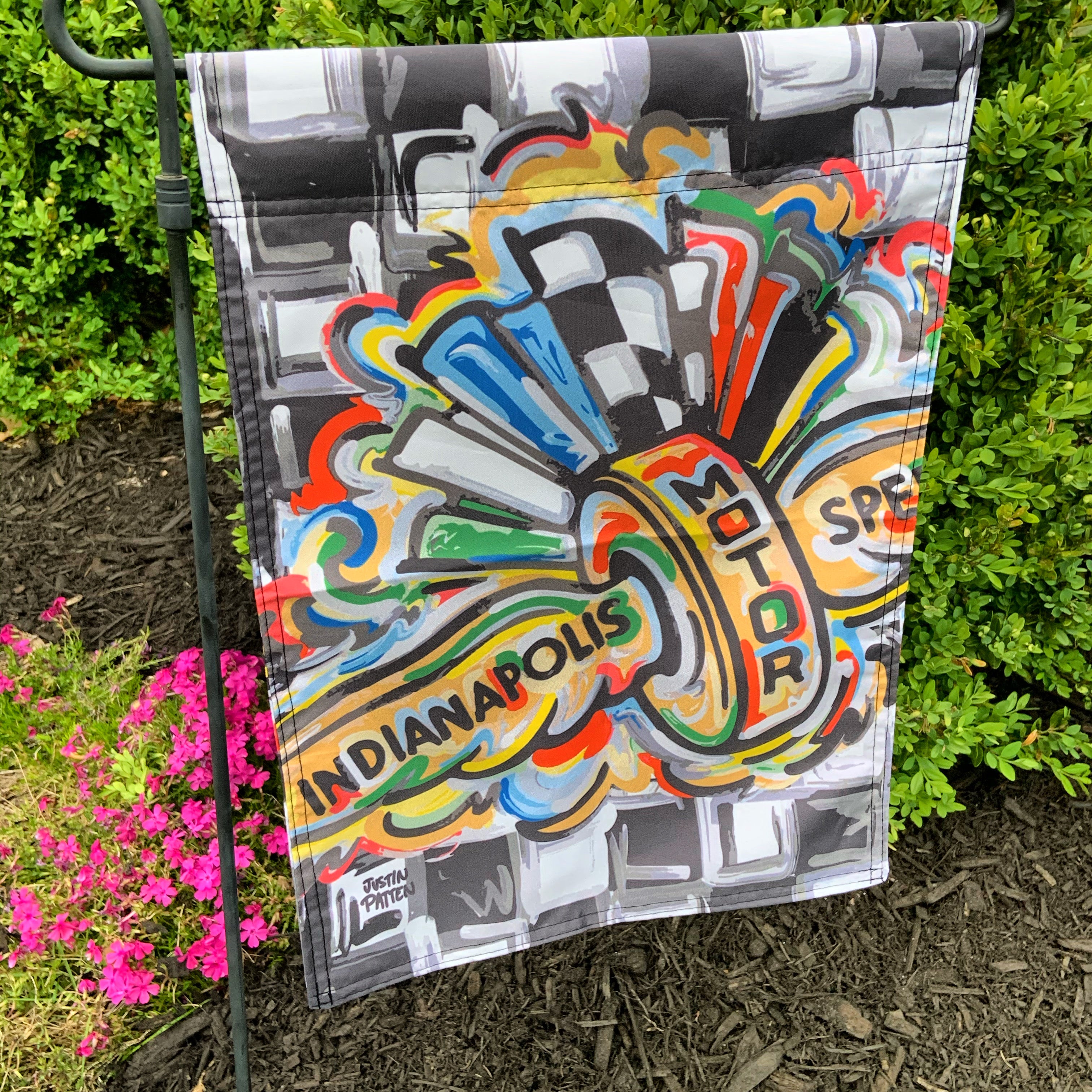 Indianapolis Motor Speedway Wing and Wheel Garden Flag (12”x18” in.) by Justin Patten