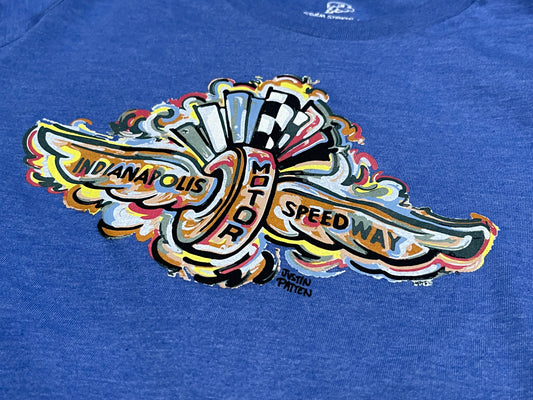 Indianapolis Motor Speedway Wing and Wheel Youth Tee by Justin Patten (Royal Heather)