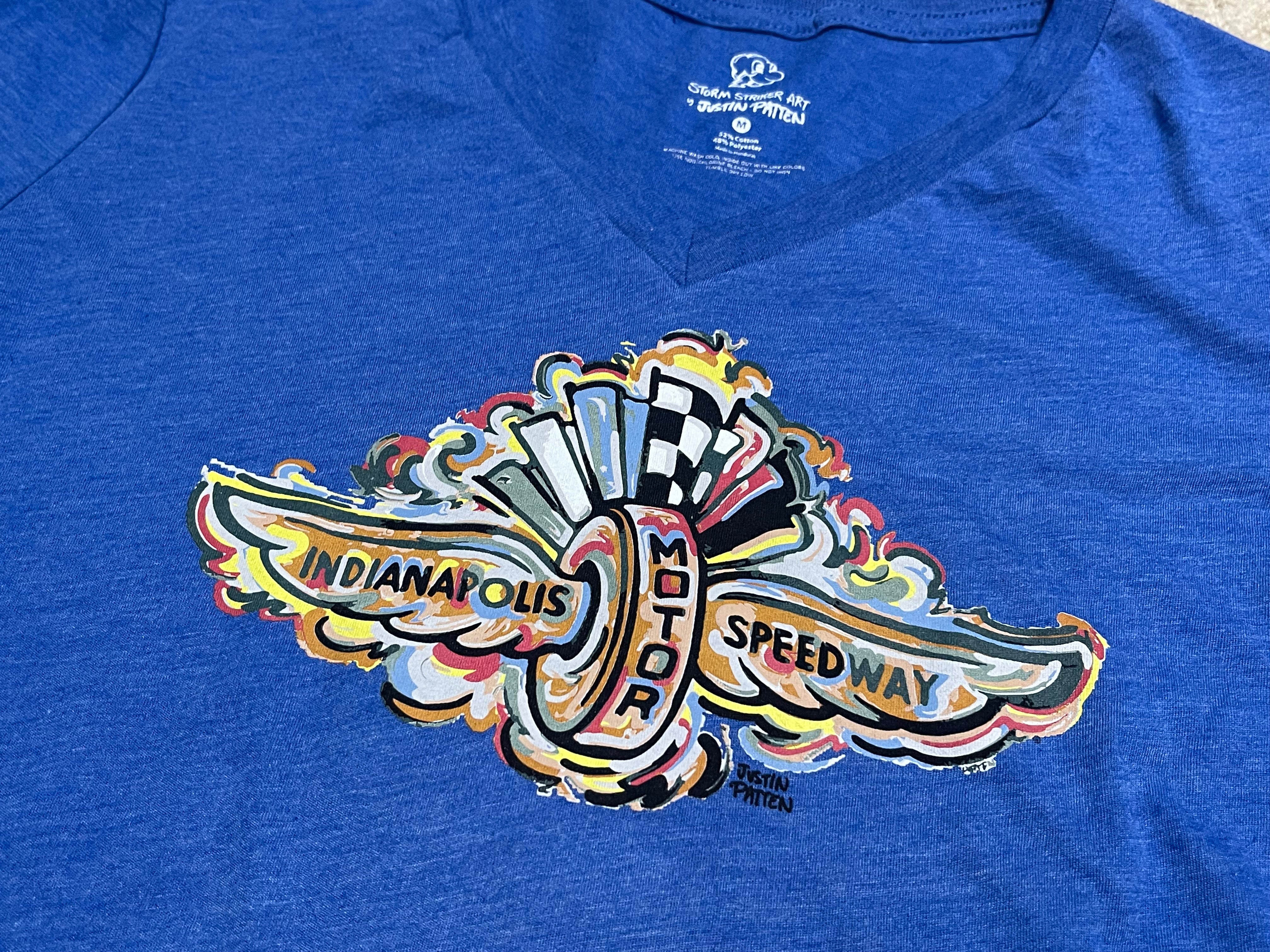 Indianapolis Motor Speedway Wing and Wheel Women's V-Neck Tee by Justin Patten (3 Colors)