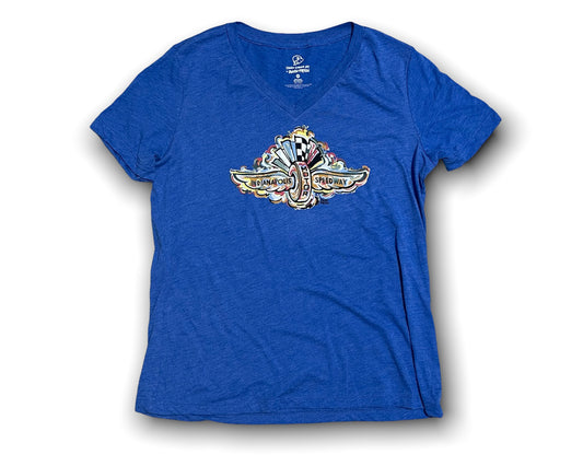Indianapolis Motor Speedway Wing and Wheel Women's V-Neck Tee by Justin Patten (3 Colors)