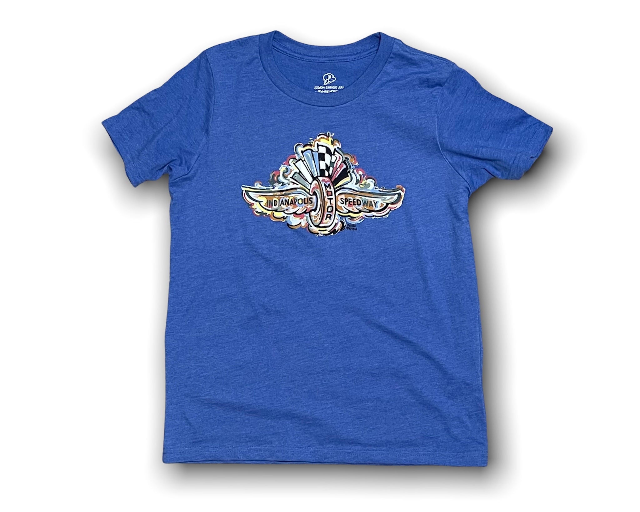 Indianapolis Motor Speedway Wing and Wheel Youth Tee by Justin Patten (Royal Heather)
