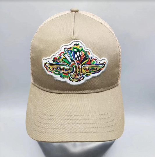 Indianapolis Motor Speedway Wing and Wheel Tan Trucker Hat by Justin Patten