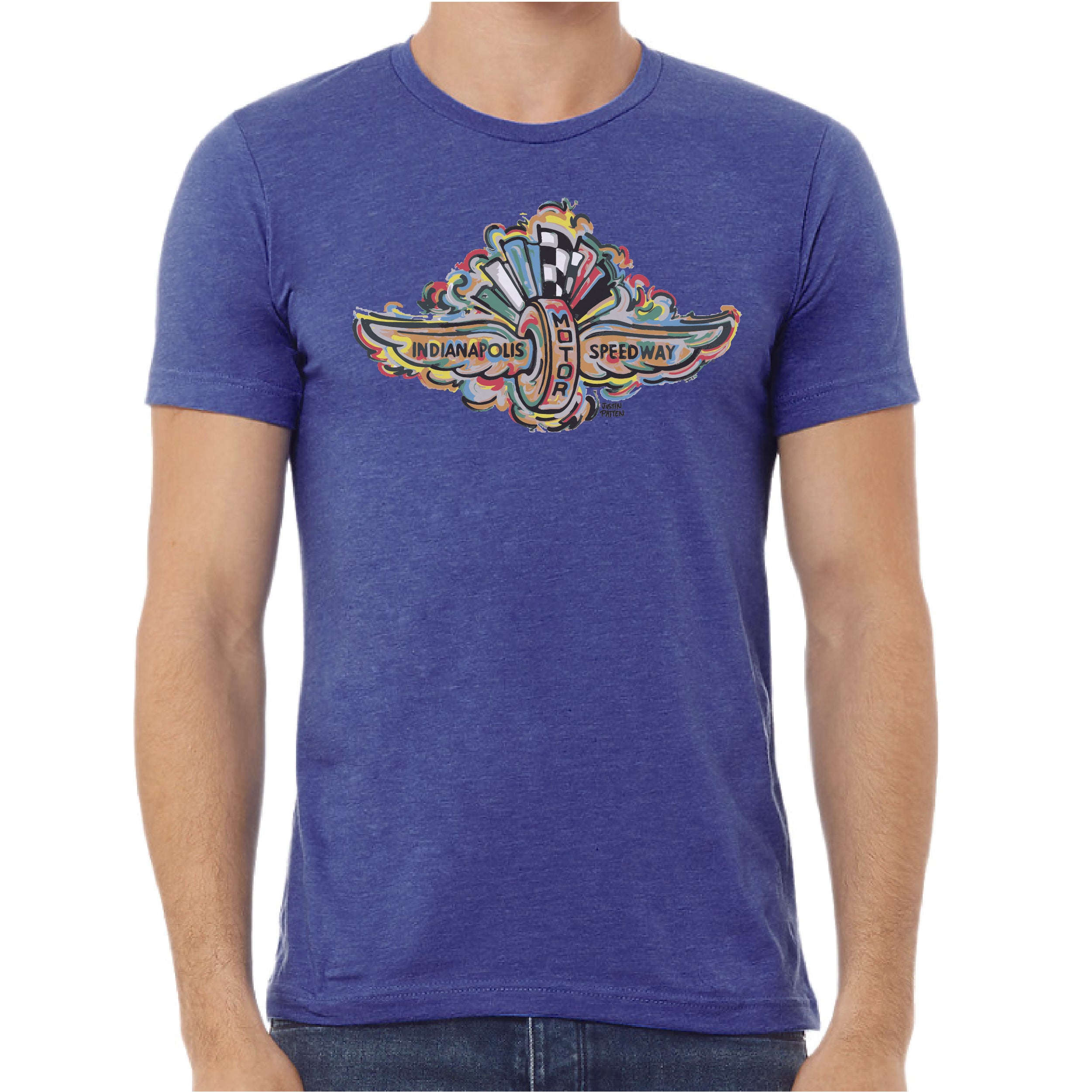 Indianapolis Motor Speedway Wing and Wheel Tee by Justin Patten (True Royal Heather)