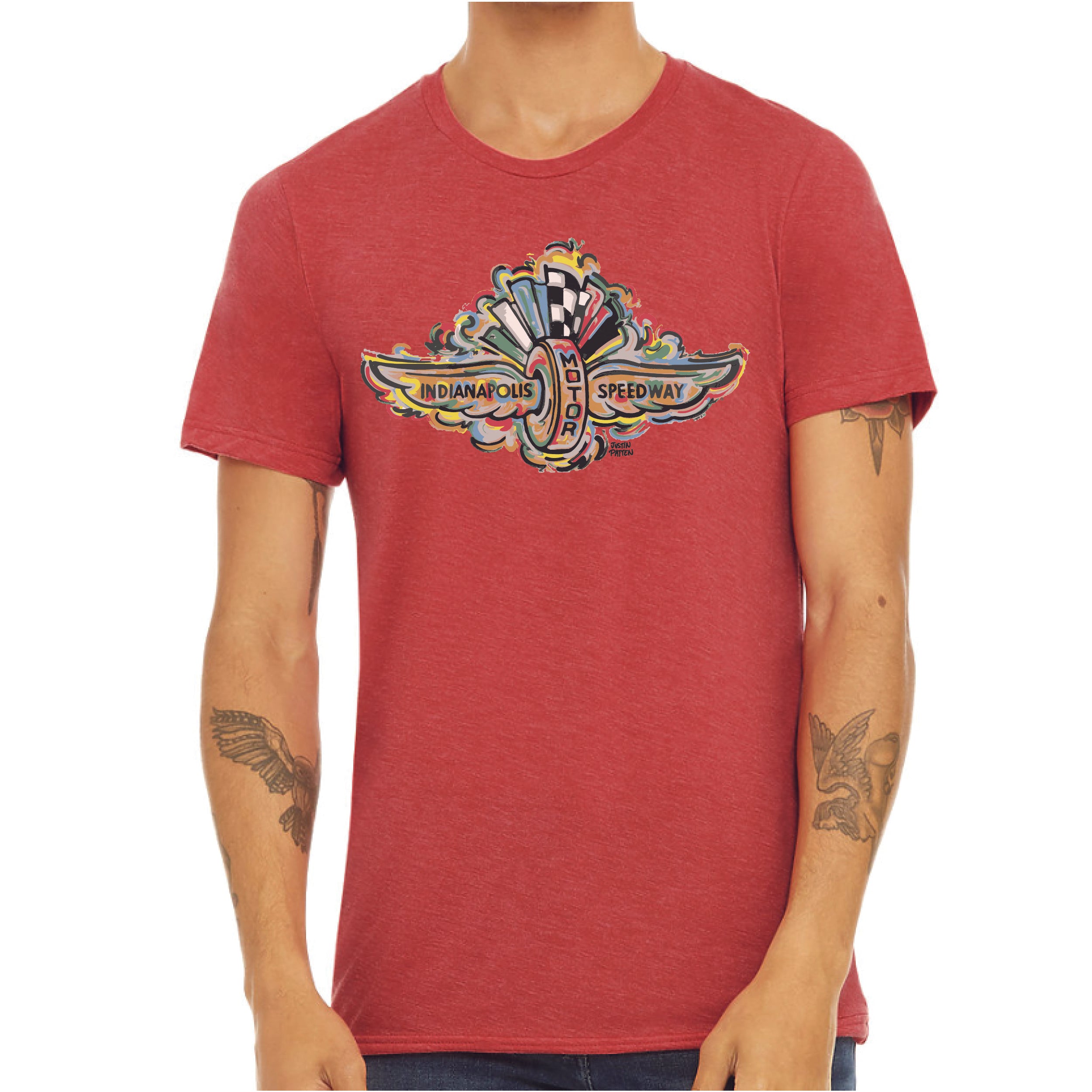 Indianapolis Motor Speedway Wing and Wheel Tee by Justin Patten (Red Heather)