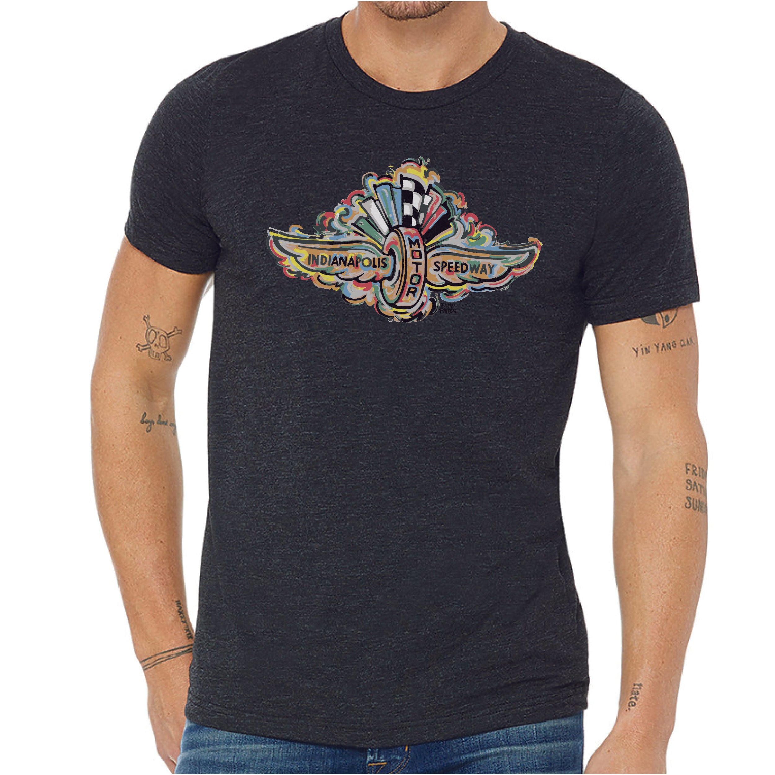 Indianapolis Motor Speedway Wing and Wheel Tee by Justin Patten (Dark Grey Heather)