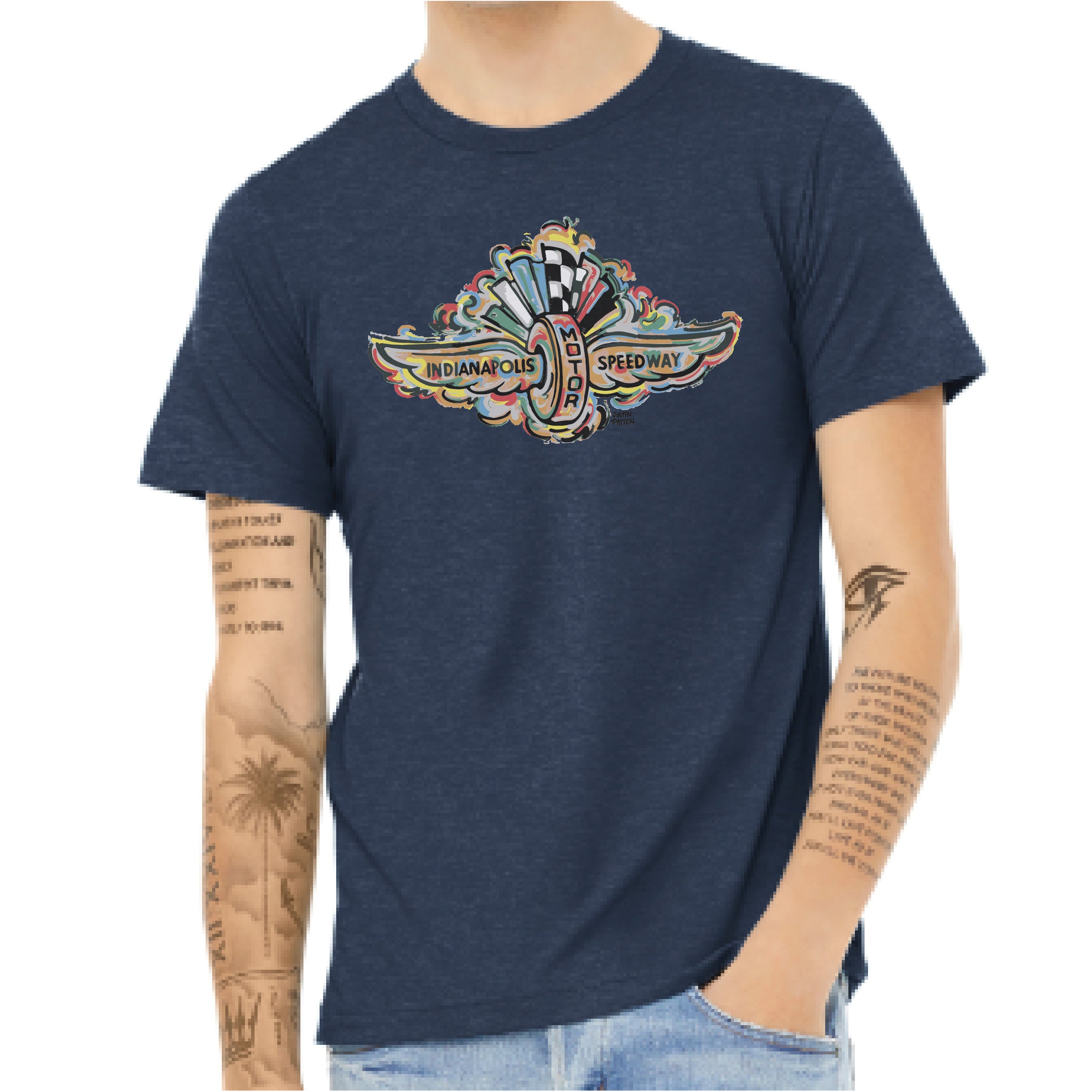 Indianapolis Motor Speedway Wing and Wheel Tee by Justin Patten (Navy Heather)