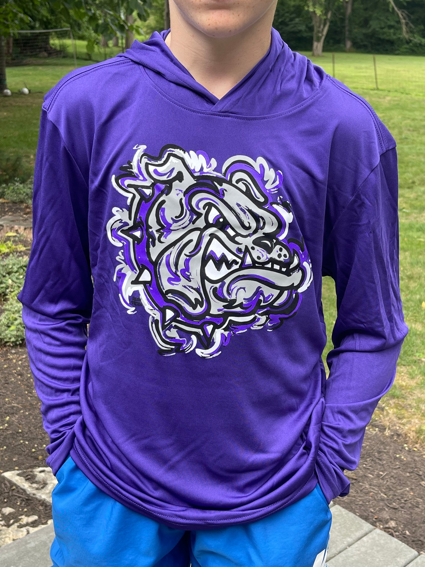 Brownsburg Indiana Bulldog Youth Long Sleeve Hooded Poly Tee by Justin Patten