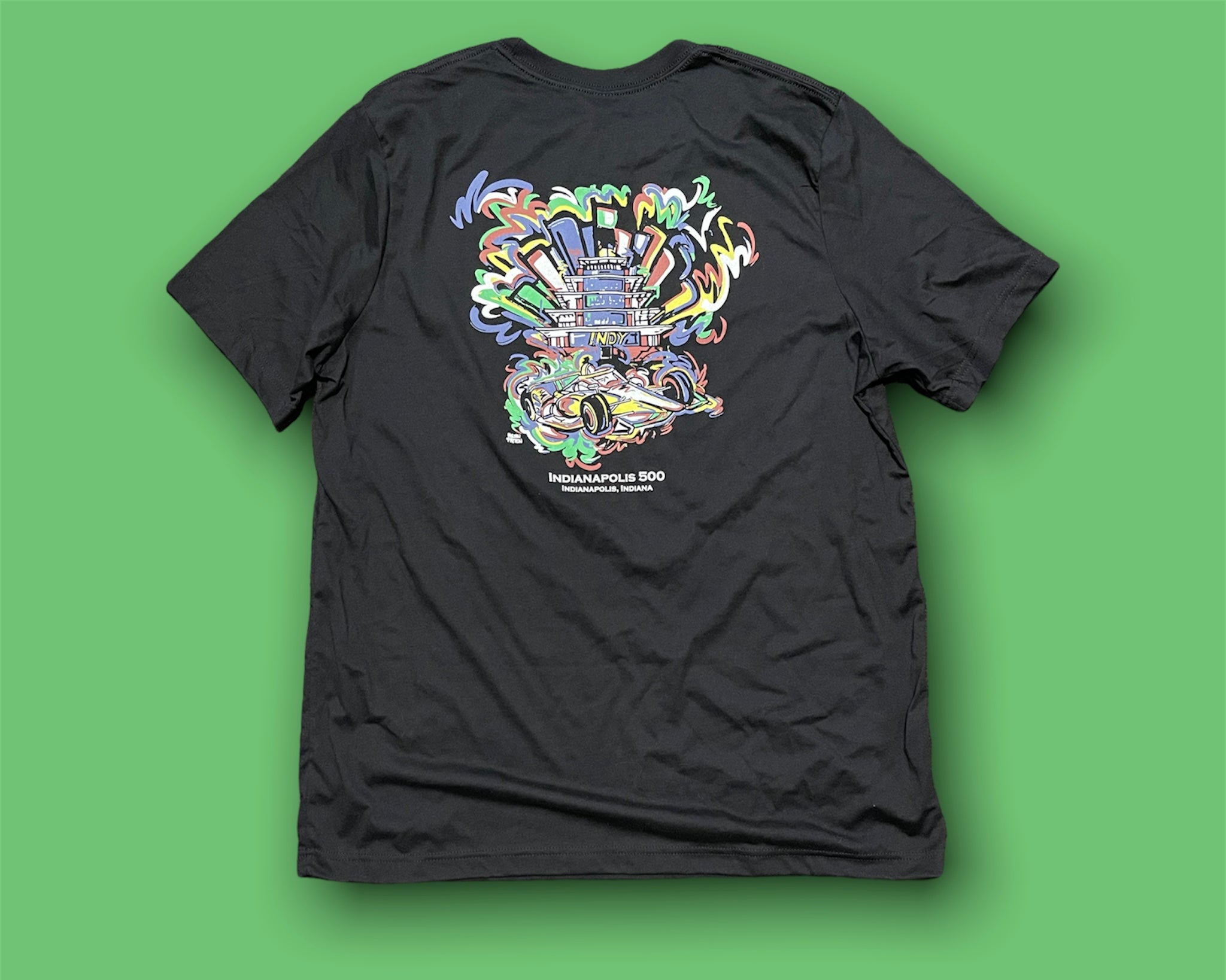 Indianapolis Motor Speedway Pagoda and Car Tee by Justin Patten
